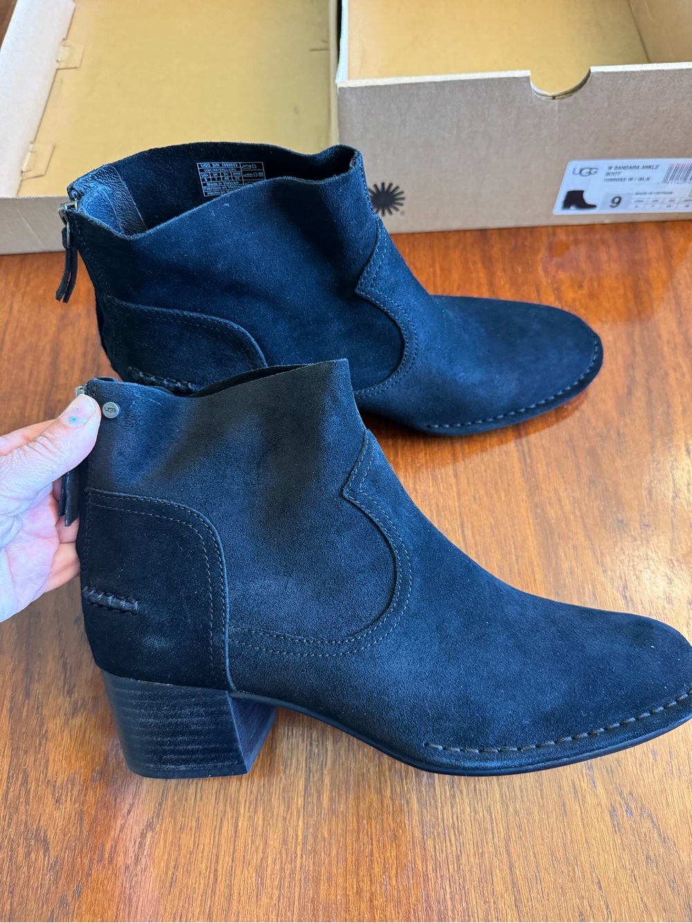 UGG Black Suede Ankle Booties with Low Block Heel
